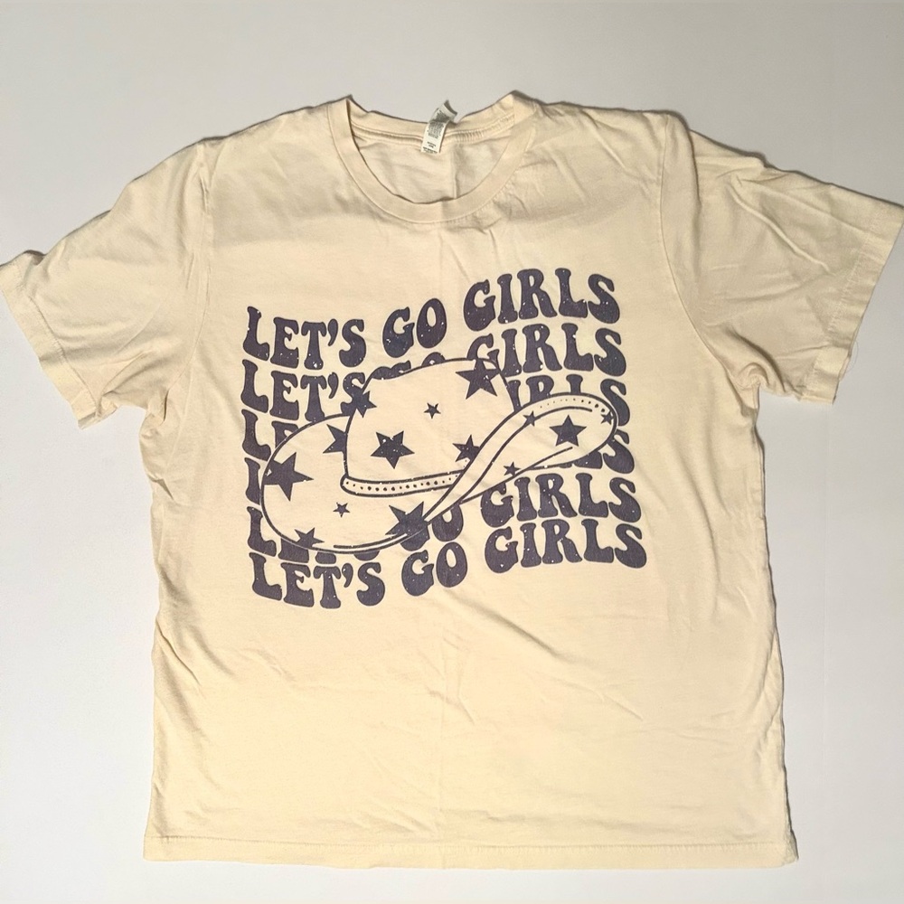 Let’s Go Girls Blue Graphics on Bella Canvas Cream Color Tee Shirt, Size XL